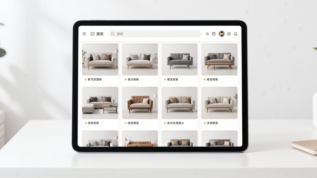 ��ӼҾ߳�APP�Ҿ���Դ��չʾͼ������Ϊƽ����Ժ�������ڰ�ɫ���棬��Ļ��������״�Ҿ�ͼƬ�б������ֲ��öԳ�ʽ�Ű棬���Ϊ����ǳɫϵ��ϸ�ڰ���ÿ�żҾ�ͼƬ�·���С�ֱ�ǩ��ҳ�涥���������򡢱����ɾ����࣬���ʸ����޶���Ԫ�ء�