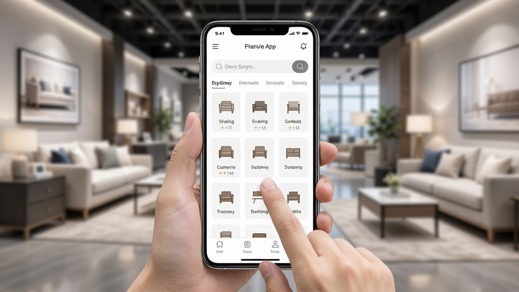 ��ӼҾ߳�APP�ƶ��˲���ʾ��ͼ������Ϊ�ֳ��ֻ�չʾAPP��ҳ������Ϊ���й�ͼ�����Ϊ�ִ���Լ��ϸ�ڰ�����ָ���������Ķ�������Ļ�ڼҾ߷���ͼ������������Ϊģ���ļҾ�չ�������ʸ���ɾ��޶���Ԫ�ء�