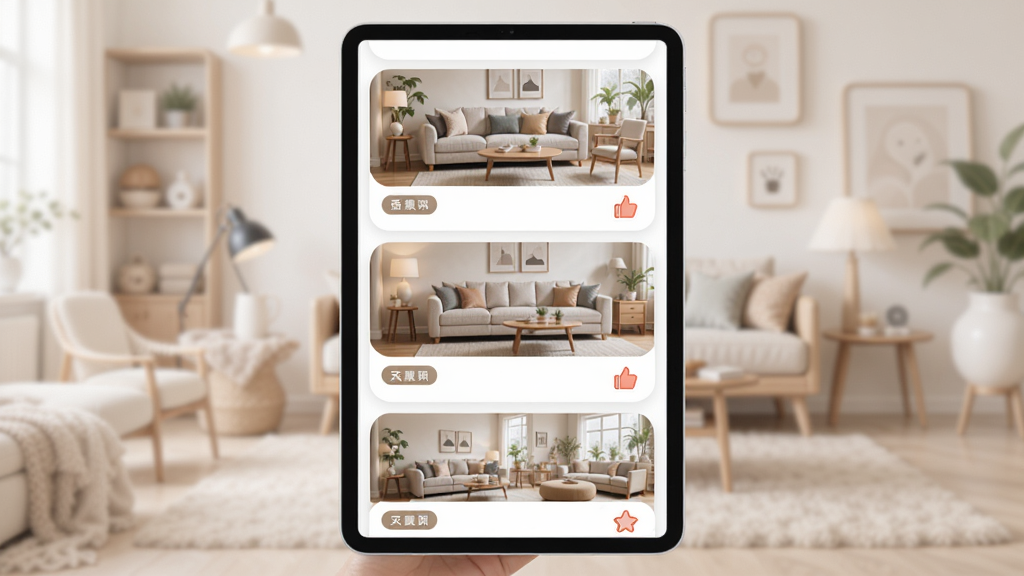 ��ӼҾ߳�APPװ�����ר��ͼ������Ϊƽ���������չʾ�ҾӴ��䰸��������Ϊ�ٲ����Ű棬���Ϊ���Բ�Ƿ磬ϸ�ڰ�������ͼƬ���з���ǩ������ͼ�ꡢ�ղذ�ť�����ʸ���ɾ��޶���Ԫ�ء�