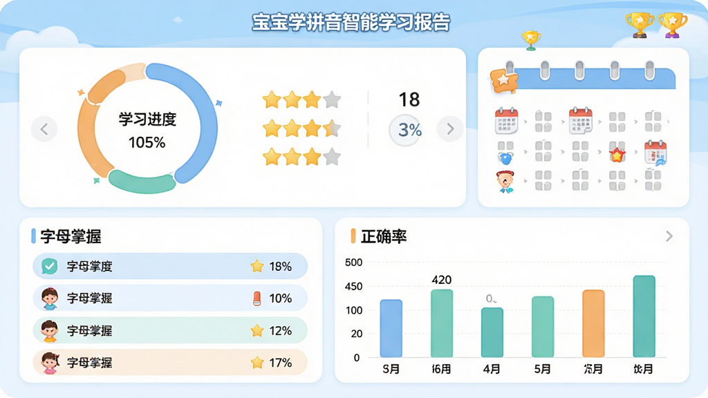 ����ѧƴ������ѧϰ������棬����չʾ����ͳ��ͼ��������Ϊ�Ǳ�����ʽ���Ϸ�Ϊѧϰ���Ȼ���ͼ���·�Ϊ��ĸ�����б�����ȷ����״ͼ�����Ϊ������µĽ��������ݿ��ӻ���ƣ�ϸ�ڰ����������֡������򿨼�¼����ͨ����ͼ�꣬���ʸ��壬����ɾ����޶���Ԫ��