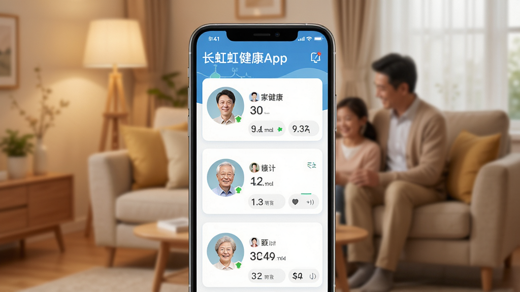 һ��չʾ���罡��App��ͥ�ػ����ܵĽ���ͼ���ֻ���Ļ��ʾ�����ͥ��Ա�Ľ�����Ƭ��ÿ����Ƭ��ͷ��ͼ�Ҫ���ݣ�����Ϊ��ܰ��ͥ�����黯�����������ů�����ʸɾ����޶���Ԫ��