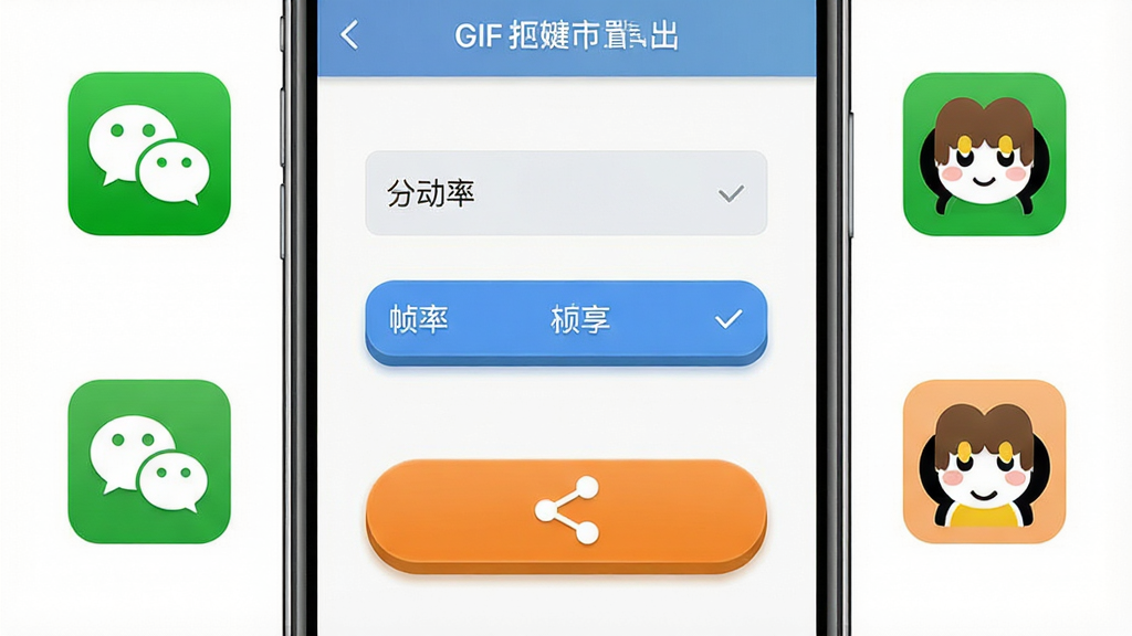 һ��չʾGIF��ͼ��ʦһ��������������ܵ�ʾ��ͼ��������һ���ֻ���Ļ��ʾ�������ý��棬�зֱ��ʺ�֡��ѡ��·��з�����ťͼ�꣬��Χ������΢�ź�QQ��ͼ�꣬�������ֻ�����ͷ���ͼ�꣬���־��У��Ű�ֱ�ۣ���������죬ϸ�ڰ�����ť������к�ͼ����ɫ�����ʸ��壬�ɾ����޶���Ԫ��