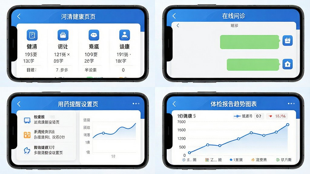 ���彡��APP���ܽ������չʾ�������Ϊ�ĸ��������Ͻ�չʾ��������ҳ�棬���Ͻ�չʾ��������������棬���½�չʾ��ҩ��������ҳ�����½�չʾ��챨������ͼ�������岼���������򣬷��ͳһΪ����ɫ����ͼ�꾫�£����������ɶ������ʸɾ�����
