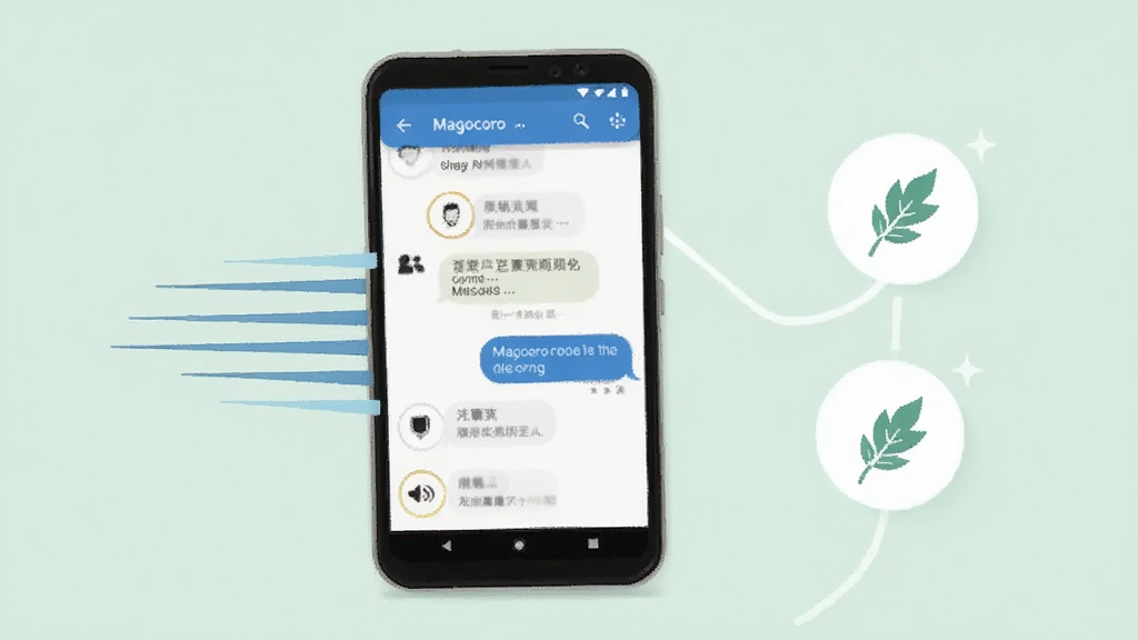 一张展示Magocoro应用在安卓手机上流畅运行的场景图,手机屏幕显示对话界面,旁边有速度线条和轻量化的图标示意,背景为淡雅的浅绿色,风格简洁明快,画质清晰,干净无多余装饰