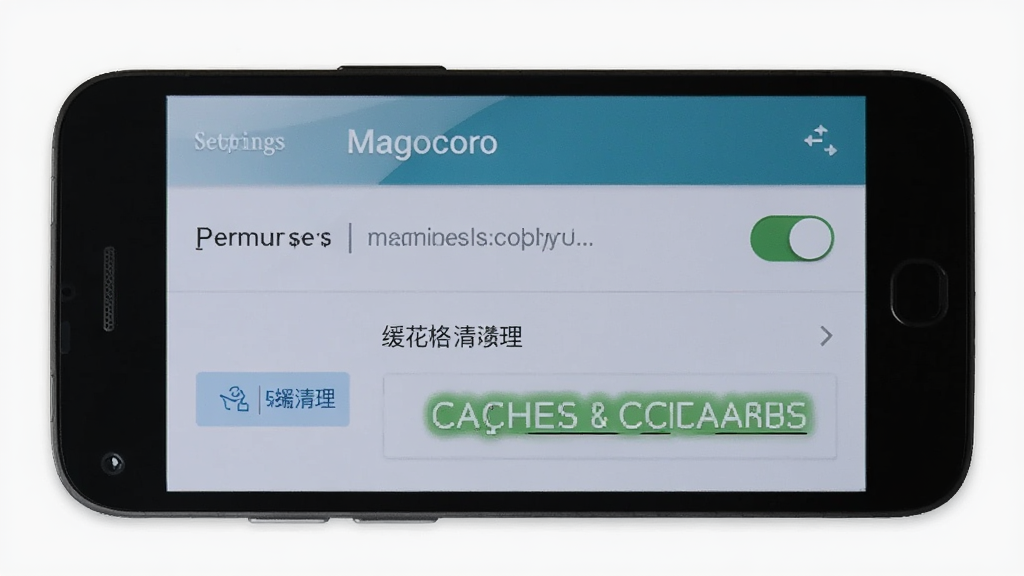 一部安卓手机屏幕显示Magocoro设置界面,画面中有权限开关和缓存清理按钮的示意,背景为浅灰色,风格简洁实用,画质清晰,无多余元素