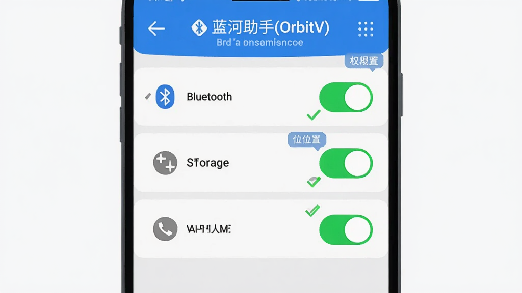 �ֻ���Ļ��ʾ��������(OrbitV)Ȩ�����ý��棬�������������洢��λ������Ȩ�޿��ظ���Ϊ��ɫ����״̬������Ϊǳ��ɫ�����񣬲��ֲ��ô�ֱ�б��Ű棬���Ϊ��ƽ��UIʾ��ͼ��ϸ�ڰ���Ȩ��ͼ�ꡢ��ѡ��ǡ���ʾ���ݣ����ʸ��壬�ɾ����޶���Ԫ��