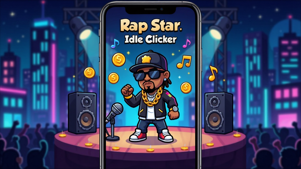 ����������һ�������ֻ�����Ļ����ʾ Rap Star:Idle Clicker ��Ϸ�����棬һλ��ͨ����˵������վ����̨���룬��Χ�н�Һ�����Ʈ�����������޺����˸�ĳ���ҹ��������ͻ�������־��жԳƣ��Ű��࣬���Ϊ��ʽ��ͨ�廭��ϸ�ڰ�����˷硢���������죬���ʸ��壬�ɾ����޶���Ԫ��