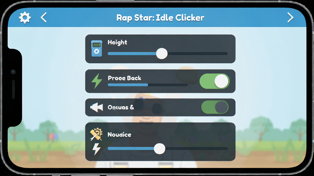 �ֻ���Ļ��ʾ Rap Star:Idle Clicker ��Ϸ���ý��棬�л��ʵ��ڡ�ʡ��ģʽ���ء���Чѡ��ȣ�����Ϊ�ֻ�������д�����־��У����Ϊ��ƽ��UI��ƣ�ϸ�ڰ�����ť�����顢ͼ�꣬�����������ɾ����޶���Ԫ��
