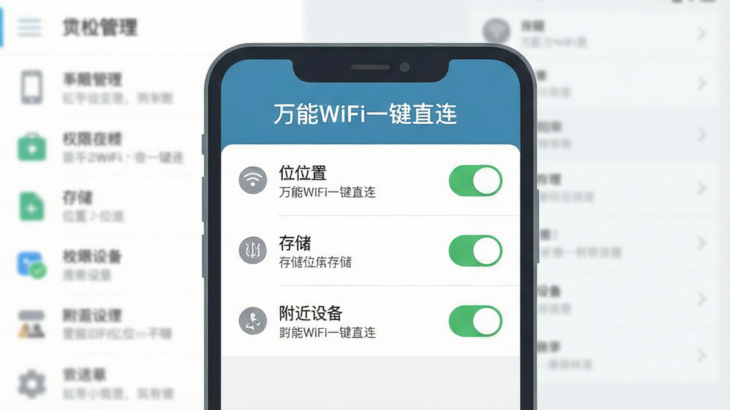 һ��չʾ�ֻ����ý���Ĳ廭�����������ǡ�����WiFiһ��ֱ������Ȩ�޹���ҳ�棬��Ļ����ʾλ�á��洢�������豸����Ȩ�޿��ر��򿪣��Ա�����ɫ�Թ����������ֻ�ϵͳ���ò˵���ģ������������ΪȨ���б����У����Ϊ��ƽ��UIʾ��ͼ��ϸ�ڰ������ذ�ť��Ȩ��ͼ�ꡢ��ʾ���֣������������ɾ��޶���Ԫ�ء�