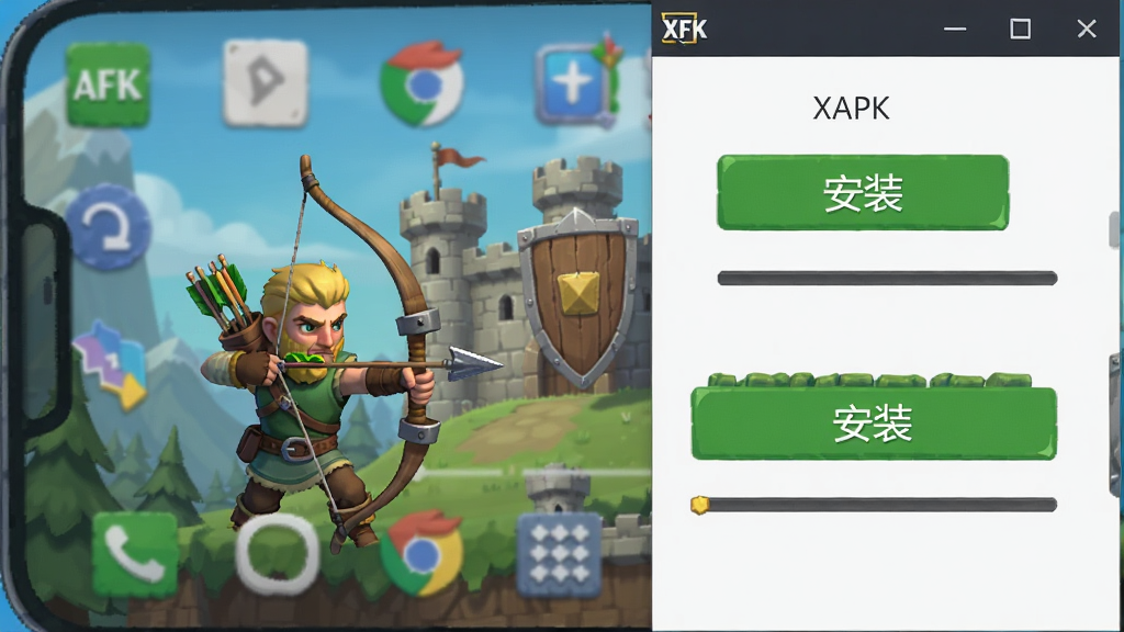 �����ֳǱ� : AFK ���ý�ɫ������Ϸ �ֻ���װ�����ͼ����������ʾXAPK��װ���Ľ��棬�С���װ����ť�ͽ��������������ֻ����棬����࣬�����������ɾ����޶���Ԫ�ء�
