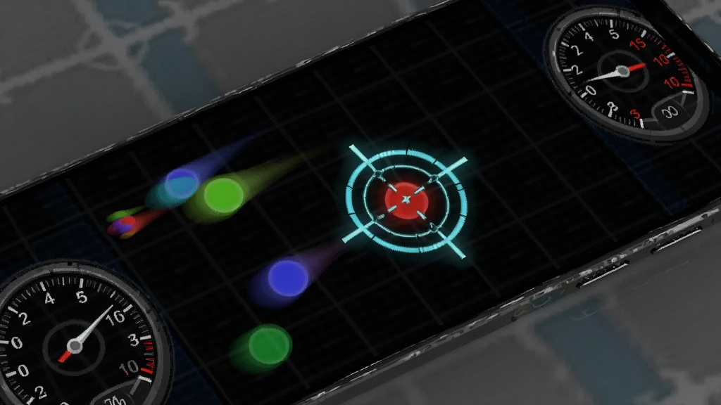 ����չʾ�ֻ���Ļ�ڶ����ɫԲ���Բ�ͬ�ٶ��ƶ���һ������׼��������������һ����ɫԲ�㣬����Ϊ��ɫ������Ļ��Ե���ٶ��Ǳ��̡�����Ϊ�ֻ�����Ļ���ݣ�����Ϊб�Ǹ��ӣ����Ϊ���пƼ��磬ϸ�ڰ���Բ���˶��켣��׼��������Ȧ���Ǳ���ָ�롣�����������ɾ����޶���Ԫ�ء�