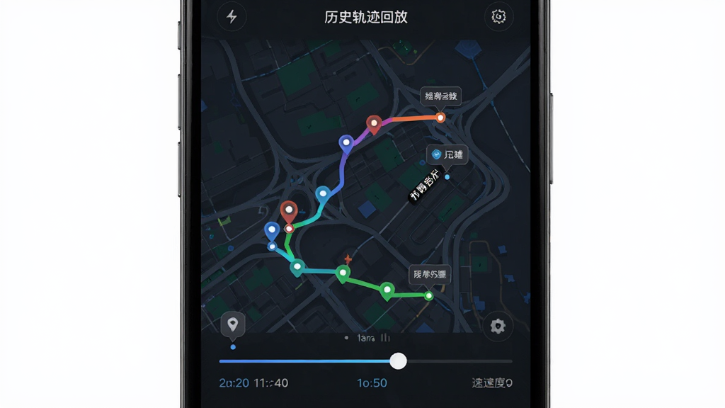 �����ǰ�Ѱ����APP����ʷ�켣�طŽ��棬����Ϊ�ֻ���Ļ����չʾ���Ű�Ϊ��ͼ��һ���ɶ����λ�����Ӷ��ɵĲ�ɫ�켣�ߣ����Ϊ��ɫģʽ�µĿƼ��н��棬ϸ�ڰ���ʱ���Ử�顢��ֹ���ǡ��ٶ���ʾ�����ʸ���ɾ��޶���Ԫ�ء�