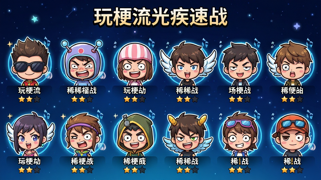 �湣���⼲��ս��ɫѡ����棬������������ʮ�������͸���Ŀ�ͨ��ɫͷ��ÿ��ͷ�����п��Ÿ�Ц�ı���Ͷ��ص�װ�ε��ߣ���ī����ͷ�ס����ȡ����ֲ����������е��������У�����Ϊ����ɫ�ǿս��䣬ÿ��ͷ���·���ʾ��ɫ������ϡ�ж��Ǽ������Ϊ��ʽ��ͨ����ϵQ���ϸ�ڰ�����ɫͷ�����߸߹⡢��������Ч�������������������޶���Ԫ�أ����������Ϸ����С��湣���⼲��ս���ı������֡�