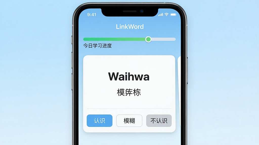 һ��չʾLinkWord�����������ͼƬ�������������ֻ���Ļ����Ļ����ʾLinkWord����ѧϰ���棬�Ϸ��н���ѧϰ���������м��ǵ��ʿ�Ƭ��ʾӢ�ĵ��ʺ��������壬�·�����ʶ��ģ��������ʶ������ť������Ϊǳ��ɫ���䣬�����ˬ��࣬ϸ�����������ʸɾ����޶���Ԫ��