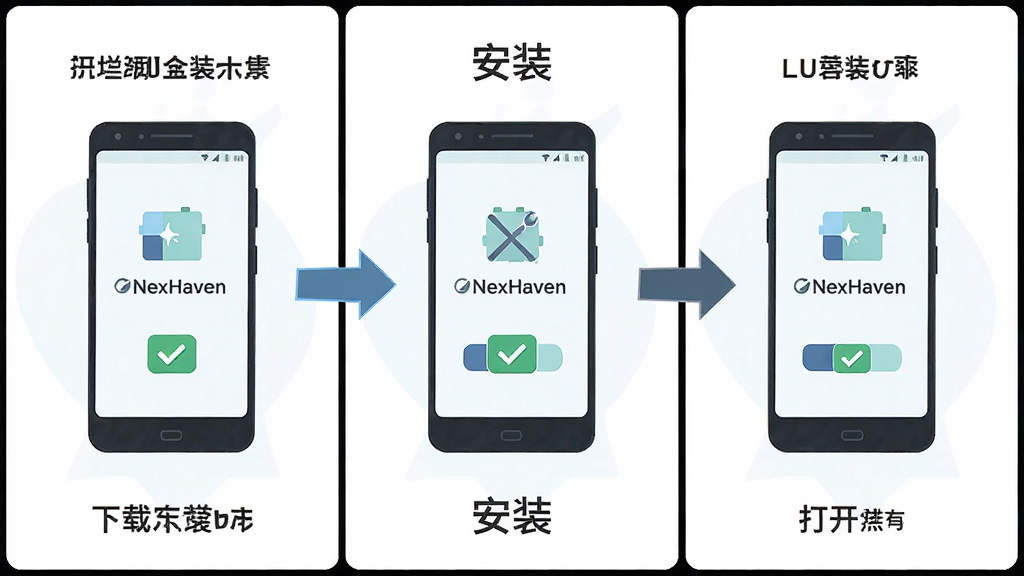 �����ǰ�׿�ֻ���װNexHaven�Ĳ���ʾ��ͼ������Ϊ����־����Ű������������ʾ���ء���װ���򿪣����Ϊ��ƽ�廭�磬ϸ�ڰ����ֻ�ͼ�ꡢ��ͷָ������ѡ��ʶ�����ʸ���ɾ����޶���Ԫ�أ���������ʾ����