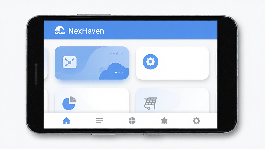 ������һ�����İ�׿�ֻ����棬��Ļ������ʾNexHavenӦ����ҳ�棬����Ϊ�������������в����ܿ�Ƭ���ײ����������Ű��������������Ϊ�ִ���Լ�Ƽ��磬ϸ�ڰ�����͵�������ɫ��Բ��ͼ�ꡢ��΢��Ӱ�����ʸ���ɾ����޶���Ԫ�أ���Ļ����ʾ����