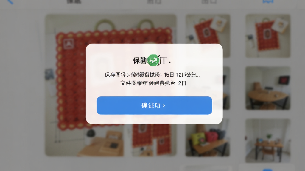 拼豆图纸免费生成软件在手机上保存图纸到相册的操作界面截图,主体为手机屏幕显示保存成功提示和相册缩略图,布局为居中弹窗加背景虚化,排版简洁,风格为清爽的工具类界面,细节包含保存路径、文件名称、确认按钮,画质高清,画面干净,无多余元素。
