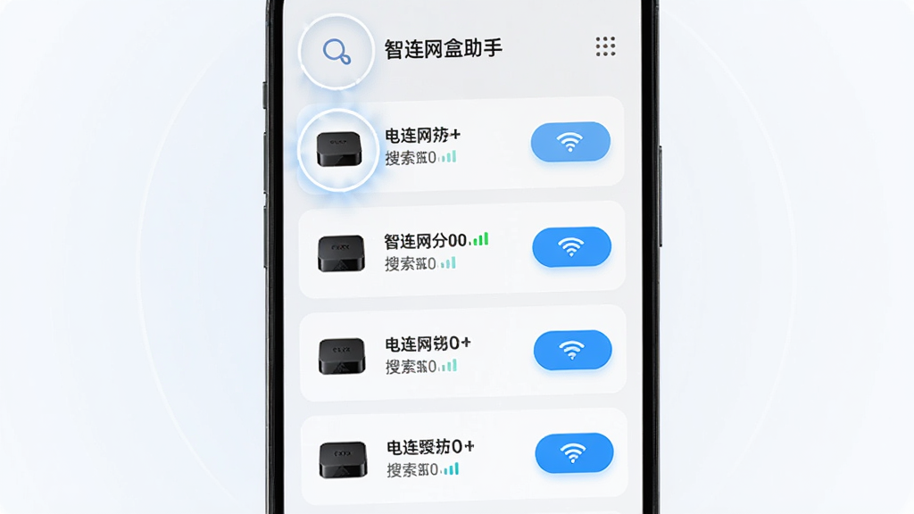 �ֻ���Ļ������ʾ����������������������豸�б����б�����е��Ӻ���ͼ����WiFi�ź�ǿ�ȱ�ʶ������Ϊ���ǳɫ���䣬����Ϊ�����б�ʽ�Ű棬���Ϊ�ִ�UI���չʾͼ��ϸ�ڰ�������������Ȧ���豸ͼ��Բ�Ǵ��������Ӱ�ť�����������������ɾ����޶���Ԫ��