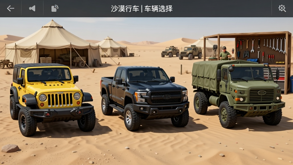 ɳĮ�г�����ѡ����棬�����в���չʾ������ͬ�ͺŵ�ԽҰ��������һ����ɫ���ա�һ����ɫƤ����һ������ɫԽҰ����������ΪɳĮӪ���빤�߼ܣ�������ֱ�ۣ����дʵ�����������ɾ����޶���Ԫ��