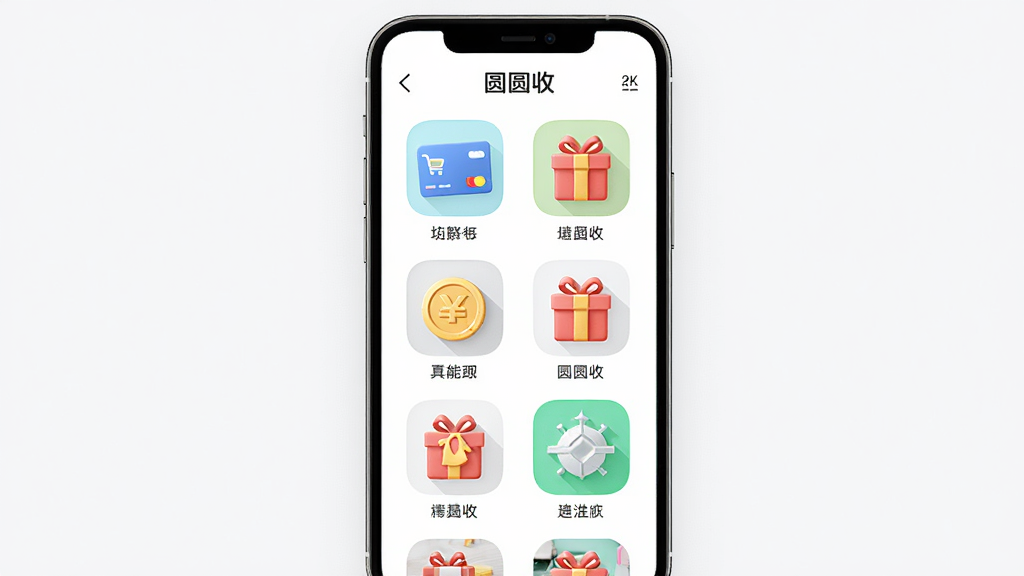 ������ԲԲ��APP�Ĺ��ܷ���ҳ�棬����Ϊ�ֻ���Ļ����չʾ���Ű�Ϊ����״ͼ�����У����Ϊ���¼�ԼUI�磬ϸ�ڰ������￨�����ҡ���Ʒ�е�ͼ�ꡢÿ��ͼ���·������ֱ�ǩ��������ʾ