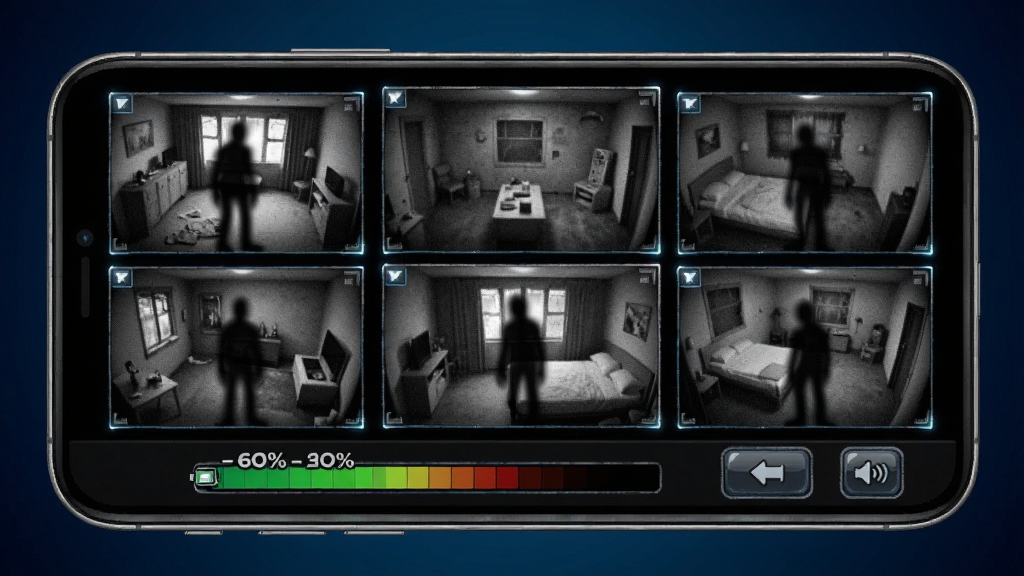 һ���ֻ���Ϸ����չʾͼ����������Ϊ Five Surreal Nights Mobile �ļ�ؽ��棬��Ļ�������Ŷ����ش��ڣ�ÿ��������ʾ��ͬ����ĺڰ׻��棬��������ģ������Ӱ�������ײ��е����ٷֱ����밴ťͼ�꣬����Ϊ����ֻ���Ļ���У�����Ϊ����ɫ���䣬���Ϊ�Ƽ��ֲ��磬ϸ�ڰ�����ػ�����㡢��ť�߹⡢��������ɫ�仯�������������ɾ����޶���Ԫ��