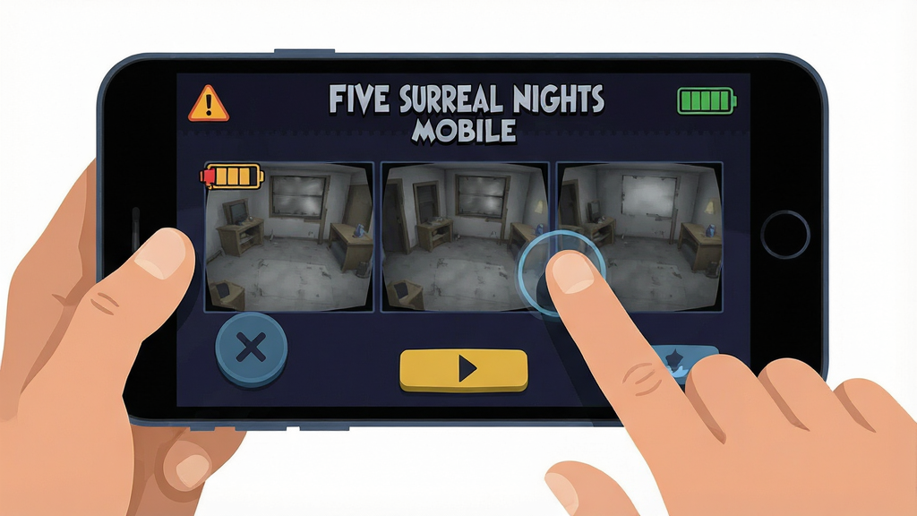 һ���ֻ���Ϸ����ʾ��ͼ����������Ϊ˫�ֳ��ֻ����������ĳ�������Ļ����ʾ Five Surreal Nights Mobile �ļ���л����棬��ָ���ڻ�����Ļ������һ���е�����ʾͼ�꣬����Ϊ��һ�˳��ӽǣ����Ϊ����ƽ���廭��ϸ�ڰ����ֻ���Ե�İ�������ָ��Ӱ�����水ť�����������������ɾ����޶���Ԫ��