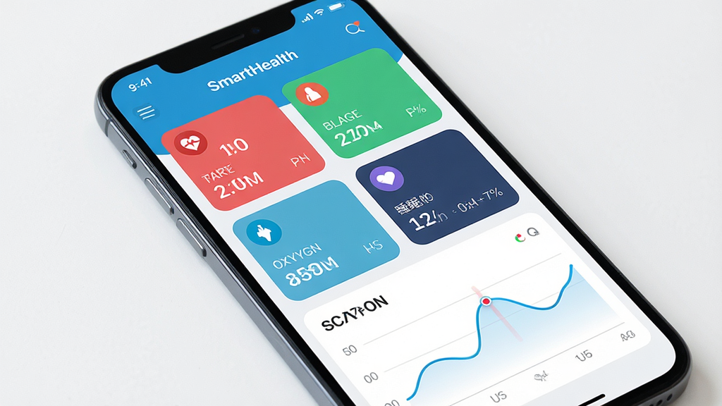 һ�� SmartHealth Ӧ�õ����ݼ�����ͼƬ������Ϊ�ֻ���Ļ����Ļ��չʾ�����ʡ�Ѫѹ��Ѫ����˯�ߵȶ�ά�Ƚ������ݿ�Ƭ������ͼ���������룬�Ű����������Ϊ�ִ�ҽ�ƿƼ��磬ϸ�ڰ�����ɫ����ͼ��Ͷ�̬���ߣ����ʸ��壬�ɾ����޶���Ԫ��
