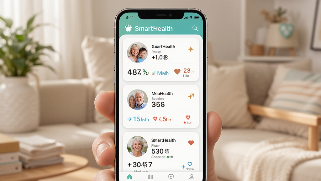 һ�� SmartHealth Ӧ�õ����ѹػ�����ͼƬ������Ϊ�ֻ���Ļ����Ļ����ʾ�Ŷ�λ��ͥ��Ա�Ľ���״̬��Ƭ��������ܰ���Ű��࣬���Ϊ��ͥ�ػ��磬ϸ�ڰ���ͷ��ͽ�������ժҪ�����ʸ��壬�ɾ����޶���Ԫ��