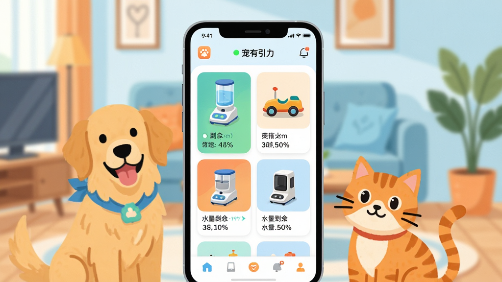 ��������һ�������ֻ���Ļ������ʾ��������APP�����棬�������г�����ˮ�������ܳ����豸��Ƭ���ֻ���Χ������һֻ��ëȮ��һֻ��è�Ŀ�ͨ���󣬱�������ܰ�ľӼҿ�������������λ�ڻ������У����ֲ������ķ���ʽ��ͼ���Ű������졣���Ϊ���±�ƽ���廭�磬ɫ����ů����ǳ��Ϊ������ϸ�����ֻ���Ļ�����豸����״̬��ˮ��ʣ��ٷֱȵ����ݣ����������ÿɰ������ʸ��壬����ɾ����޶���Ԫ�ء�