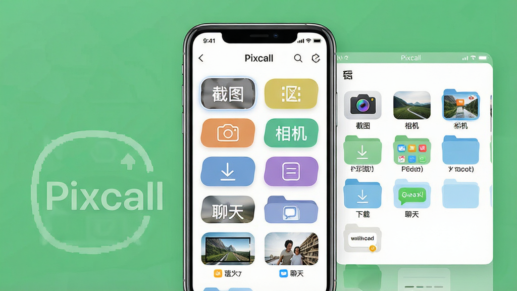һ��չʾ��Pixcall�����ܷ��๦�ܵĽ���ͼ���������ֻ���Ļ��ʾ�����ɫ��ǩ���ļ��У�ͼƬ���ա���ͼ��������������ء������족������������У�����Ϊ�ֻ��������壬���־��У������ˬ�ִ���ϸ�ڰ���ͼ�ꡢ��ǩ���֡�����ͼ�������������ɾ����޶���Ԫ��