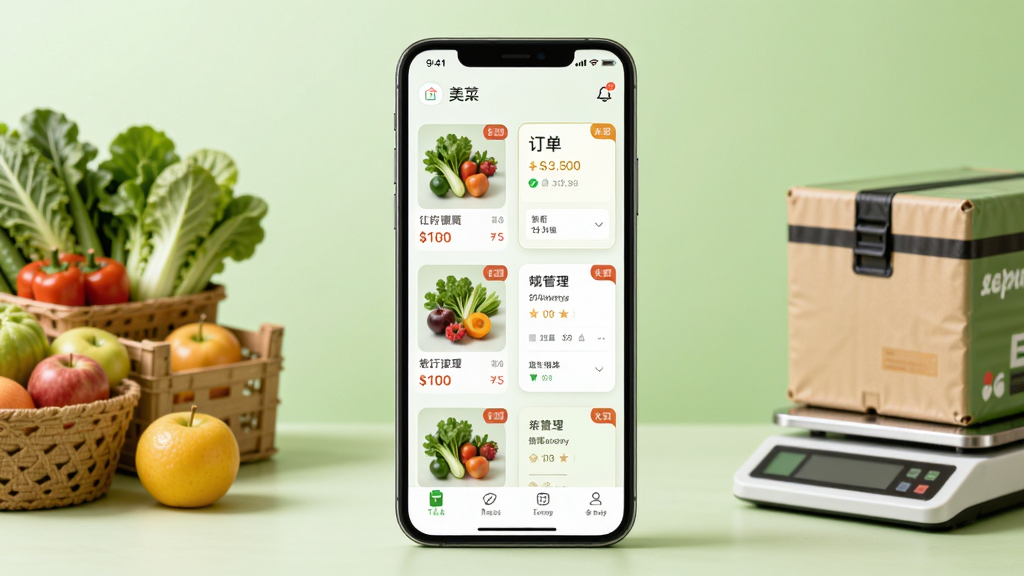��������APP������չʾ������������һ�����������ֻ����ֻ���Ļ����ʾ������Ʒ�б��Ͷ���������Ƭ�������Ǽ���ǳ��ɫ���䣬���ڷż��������߲˺�ˮ�����Ҳ���������͵��ӳӣ�����������������ϸ�ڰ�����Ʒ����ͼ���۸��ǩ������״̬�Ǳ꣬�����������ɾ����޶���Ԫ��