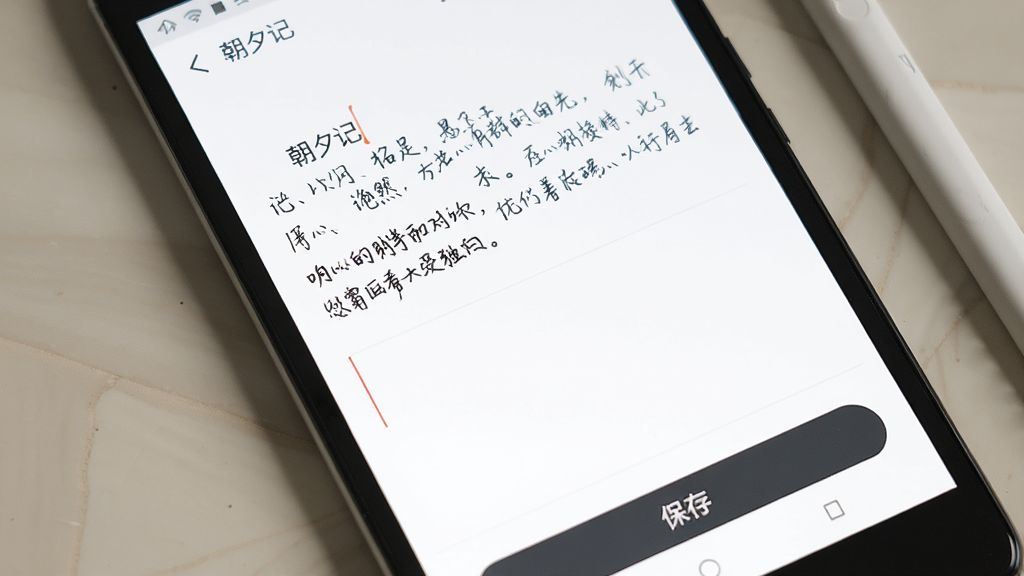һ����׿�ֻ���Ļ��д����Ļ����ʾ����Ϧ�ǡ�Ӧ�ý��棬����Ϊ���׵�ɫ������������������ռ����֣��ײ��м��ı��水ť���ֻ�����ǳɫ�����ϣ��Ա���һ֧���رʣ����Ϊ��ƽ��UIչʾͼ�������������޶���Ԫ��