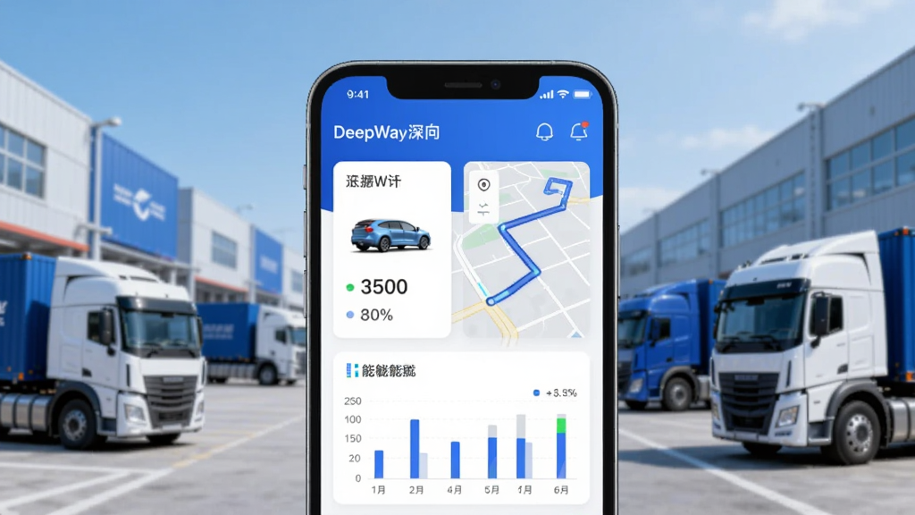 ��������չʾһ�������ֻ����ֻ���Ļ�ϳ��֡�DeepWay����Ӧ�ý��棬�����������״̬��Ƭ����ͼ�켣���ܺ�ͼ��������Ϊ�ִ�����԰��������Դ�ؿ���������ÿƼ������ɫ��ɫ����ƽ��UI���ϸ�����������ʸɾ����޶���Ԫ�ء�