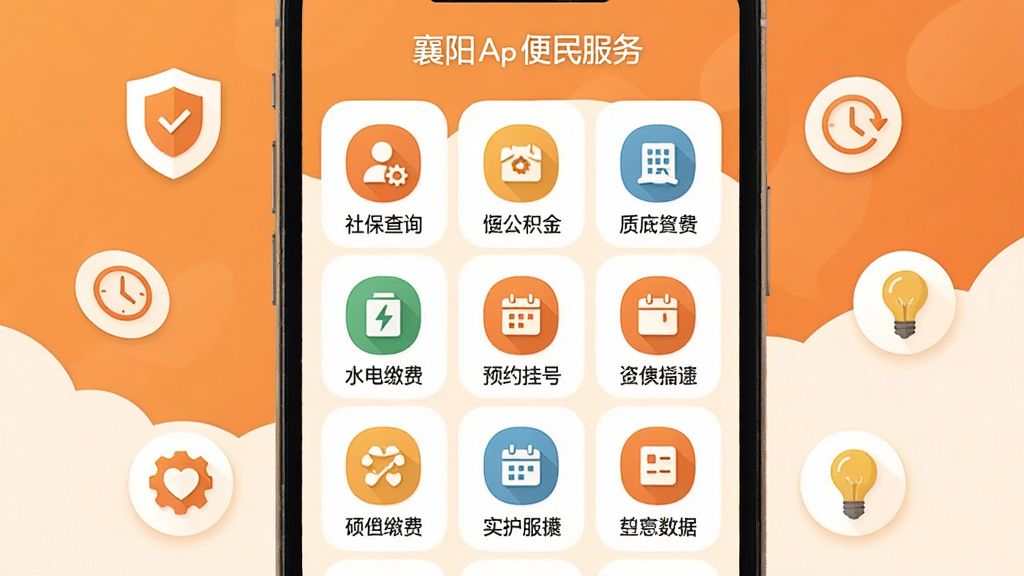 �ҵ�����App�������ҳ��չʾ���ֻ���Ļ�г��־Ź������ͼ�꣬�����籣��ѯ��������ˮ��ɷѡ�ԤԼ�Һŵȣ�ͼ����Ƽ��ͳһ������Ϊ��ů�ĳȰ�ɫ������Χ��׺���ơ�ʱ�ӡ����ݵ�������ȫ���ݵ�Сͼ�꣬��ƽ����񣬻����������ɾ����޶���Ԫ��