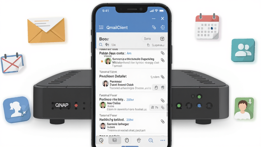 һ��չʾ QmailClient �ƶ��ʼ��ͻ��˽�������ֲ�ͼ������������һ�������ֻ�����Ļ��ʾ�ռ����б����ʼ�����ҳ���ֻ�����Լ����һ̨ QNAP NAS �豸����Χ�������ŷ⡢��������ϵ��ͼ�꣬���岼�ּ���ִ������ñ�ƽ����Ʒ��ϸ�ڰ����������ʼ����⡢������ͷ��͸���������ͼ�꣬���ʸ��壬�ɾ��������޶���Ԫ��