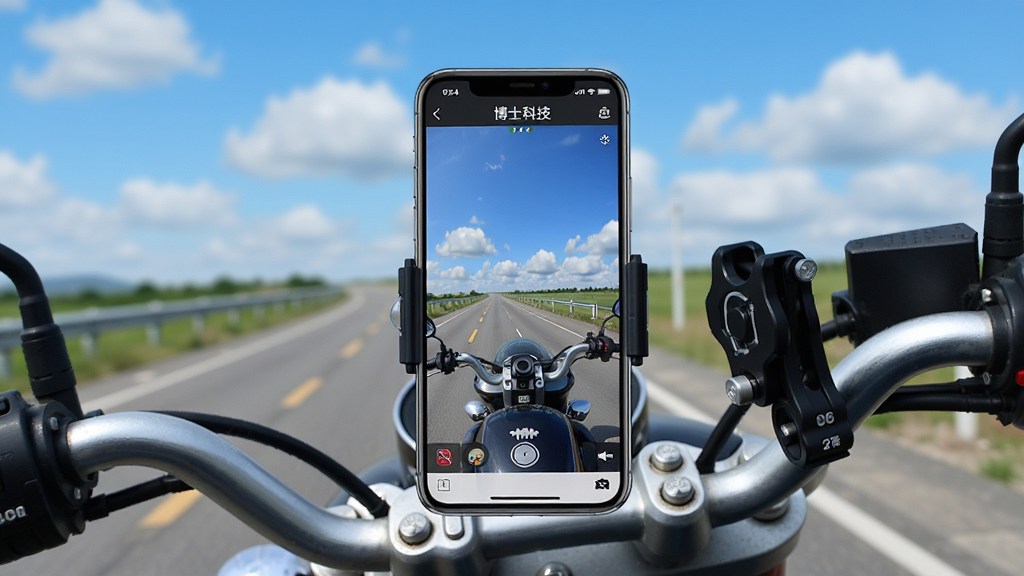 ����չʾһ���ֻ��̶���Ħ�г������ϣ��ֻ���Ļ��ʾ���˿Ƽ�APP��ʵʱ¼����棬������Ħ�г���ʻ�ڹ�·�ϣ�������������ƣ��ֻ��Ա��з�ˮ��ʶ�͹̶�֧�ܣ��������дʵ����Ű���У�ϸ�����������ʸɾ����޶���Ԫ��