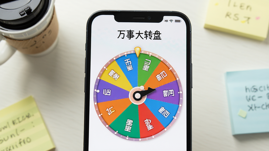 һ���ֻ���Ļ��д����Ļ������һ��ɫ�����޵�Բ��ת�̣�ת�̱��ֳɶ����������ÿ������д�Ų�ͬ��ѡ�����֣�ת��ָ��ָ������һ�������ֻ������Ǹɾ���ǳɫ���棬��Χ��һЩ�����С����翧�ȱ�����ǩֽ��Ϊ��׺���������������죬����ɾ����࣬�����������޶���Ԫ�أ�ͼ���ֻ���Ļ�Ϸ���ʾ����