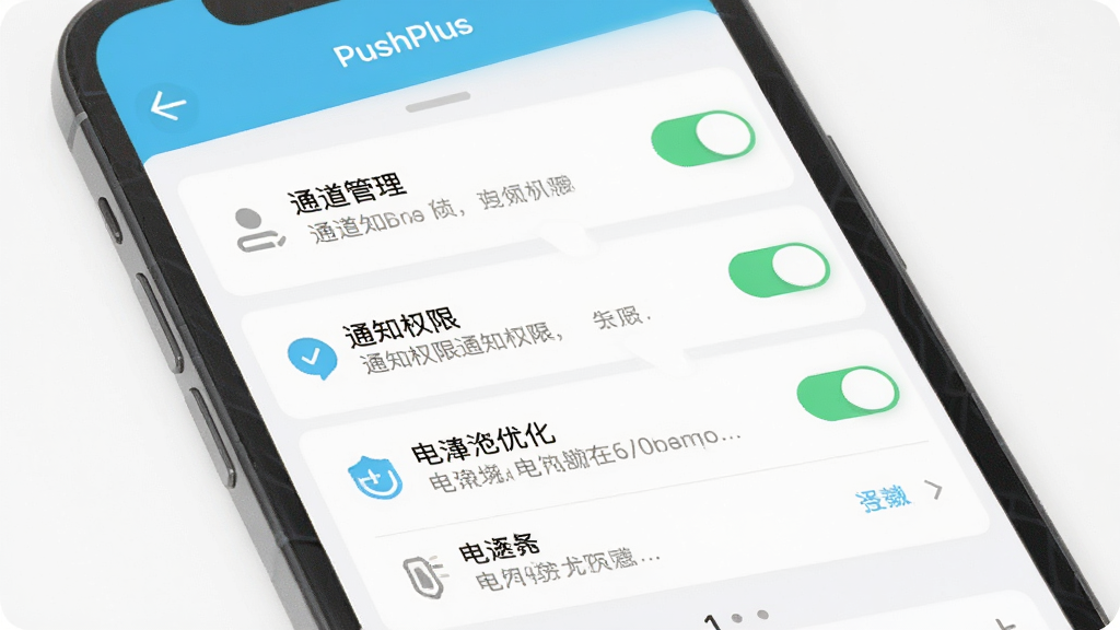 һ��չʾPushPlusʹ��ָ�ϵ�ʾ��ͼ������Ϊ�ֻ���Ļ��ʾPushPlusӦ������ҳ�棬����ͨ��������֪ͨȨ�ޡ�����Ż���ѡ�����Ϊ��ֱ�б������Ϊ����ǳɫUI��ϸ�ڰ������ذ�ť��ͼ�ꡢ����˵�������ʸ��壬�ɾ����࣬�޶���Ԫ��