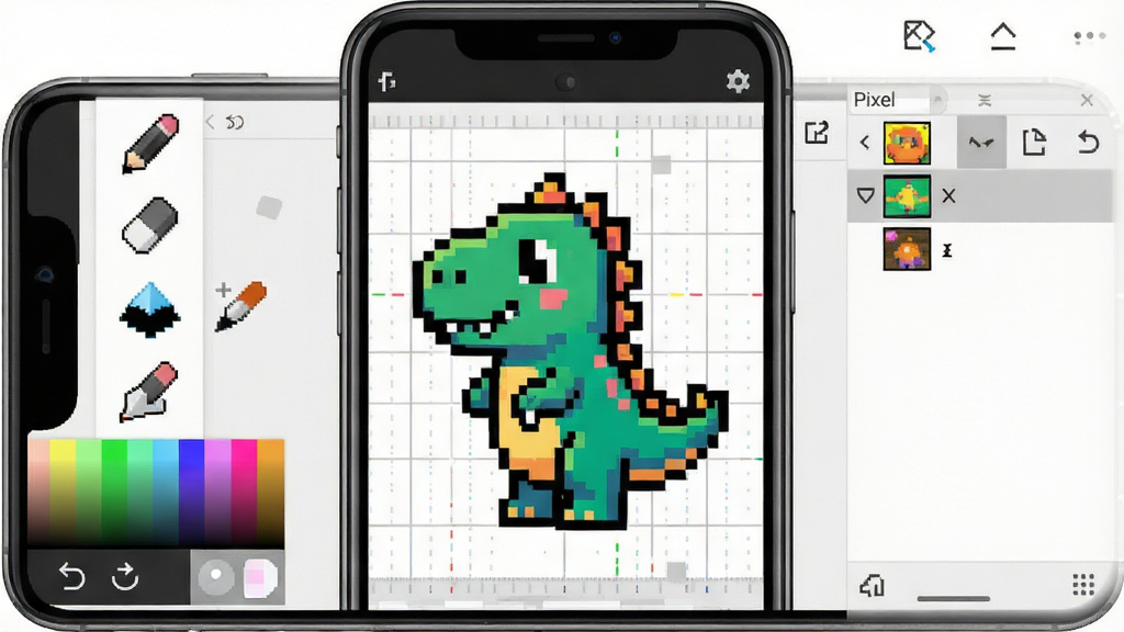 һ��չʾPixel���ذ��������������ͼ�������������ֻ���Ļ����Ļ����ʾ���ط��Ļ滭�������������в�ɫ���ط�����ɵĿɰ�С����ͼ������๤����������Ǧ�ʡ���Ƥ����䡢ȡɫ����ͼ�꣬�Ҳ�ͼ����������ɼ������岼�ּ�࣬�Ű���У����Ϊ��ƽ��UI��ƣ�ϸ�ڰ������������ߡ�ɫ�ʵ�ɫ�塢����������ť�����ʸ��壬�ɾ����޶���Ԫ��