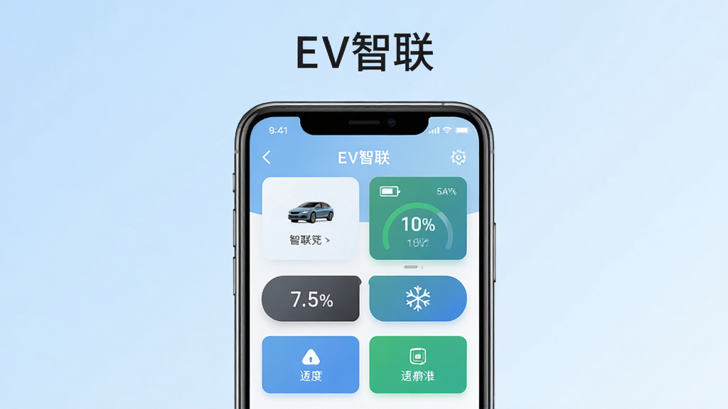 ����������һ�������ֻ�����Ļ��ʾEV����APP�ĳ������ƽ��棬�������г���״̬��Ƭ�͹��ܰ�ť�����ֲ��þ��й�ͼ���ֻ������ڻ������룬������ǳ��ɫ���䡣�Ű��࣬�Ϸ����׷���