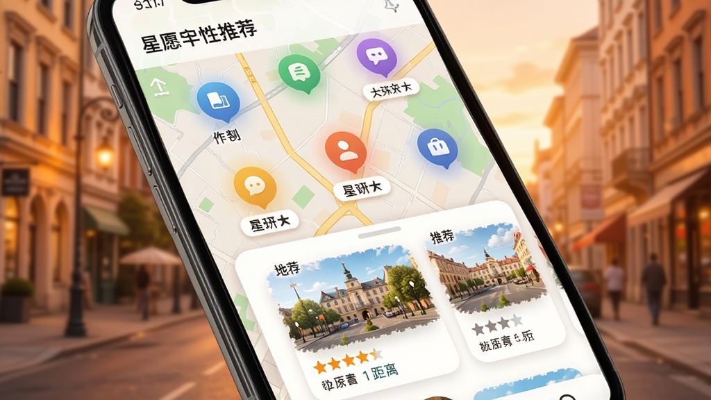 ��Ը���Ի��Ƽ����棬�ֻ���Ļ��ʾ��ͼ�϶����Ȥ��ͼ�꣬�·���Ƭ�г��Ƽ��ص㣬�������ֺ;��룬����Ϊůɫ�����н־�������������죬ϸ�ڰ���ͼ������ֱ�ǩ�������������ɾ��޶���Ԫ��