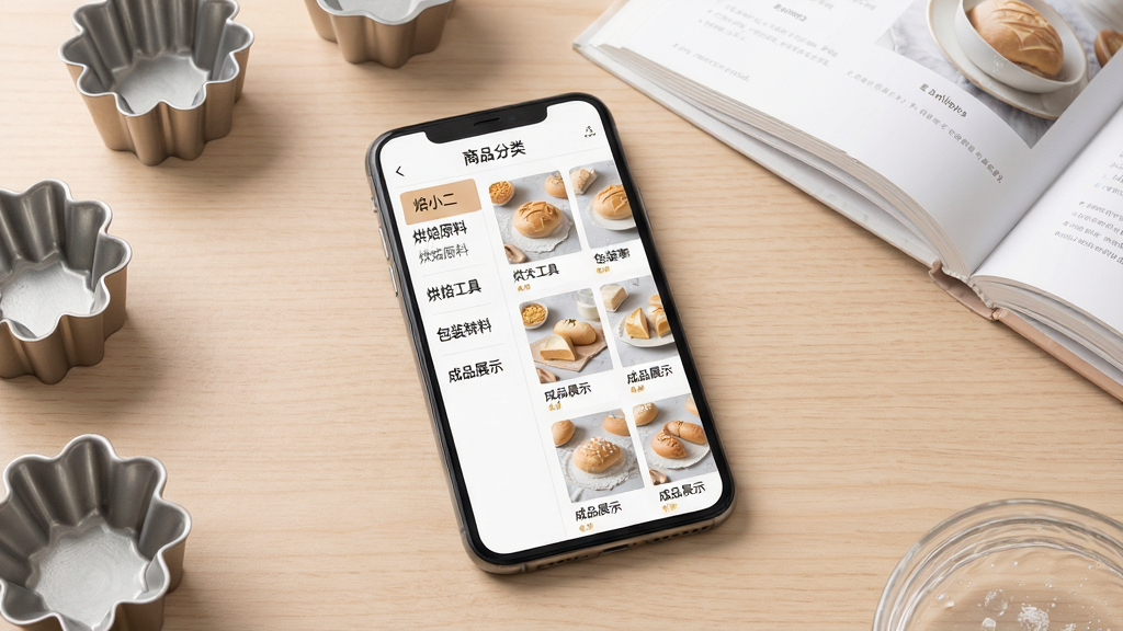 һ��չʾ��С��APP��Ʒ����ҳ���ͼƬ������������һ�������ֻ�����Ļ������չʾ�ű�С���決�̳ǵķ��ർ�����棬����Ǵ�ֱ���еķ���˵��������決ԭ�ϡ��決���ߡ���װ���ϡ���Ʒչʾ������Ҳ���ѡ�з����µ���Ʒ����ÿ����Ʒ��������ͼ�����ơ��ֻ�����һ��ǳɫľ�������ϣ��Աߵ�׺�ż����決�õ�Сģ�ߺ�һ���򿪵�ʳ���顣���廭�����Լ�ִ���ɫ����ͣ����߾��ȣ������������޶���װ��Ԫ�ء�