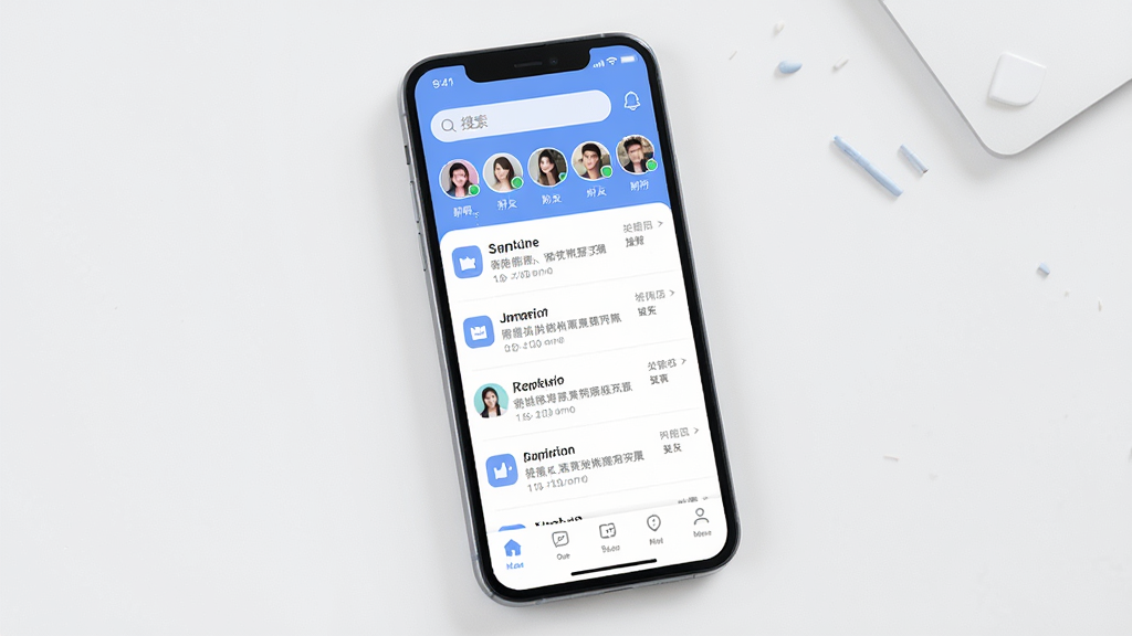 ���������罻����������չʾ������Ϊһ�������ֻ�����Ļ������ʾ����APP�������б�ҳ�棬�����������Ϸ�Ϊ�����������ͷ����ţ��в�Ϊ��Ϣ�Ի��б����ײ�Ϊ���������Ű������򣬷��Ϊ�ִ���ƽ��UI��ƣ�ϸ�ڰ�����͵�������ɫ��Բ�ǿ�Ƭ��������ͼ�������ֱ�ǩ�����ʸ��壬����ɾ����޶���Ԫ��