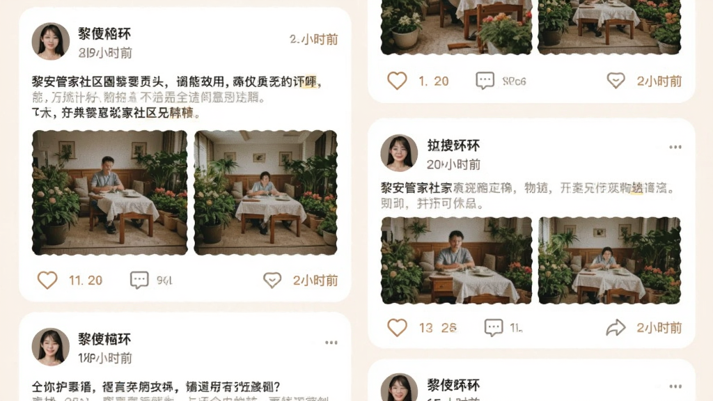 ����չʾ�谲�ܼ�����Ȧҳ�棬����Ϊ�ٲ�����Ϣ����ÿ�����Ӱ����û�ͷ���ǳơ�����������ͼƬ����ͼ�����Ϊ��ů�罻�磬ϸ�ڰ�������ͼ�ꡢ�������ݡ�ʱ���ǩ�����ʸ��壬�ɾ����޶���Ԫ��