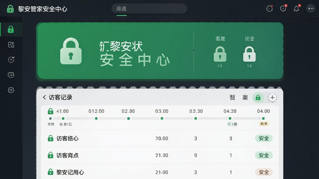 ��������Ϊ�谲�ܼҰ�ȫ���Ľ��棬���ֲ������½ṹ���Ϸ�Ϊ�Ž�״̬��Ƭ���·�Ϊ�ÿͼ�¼�б������Ϊ��Լ����磬ϸ�ڰ�����ɫ��ȫ��ʶ��ʱ�������С�����ͼ�꣬���ʸ��壬�ɾ����޶���Ԫ��