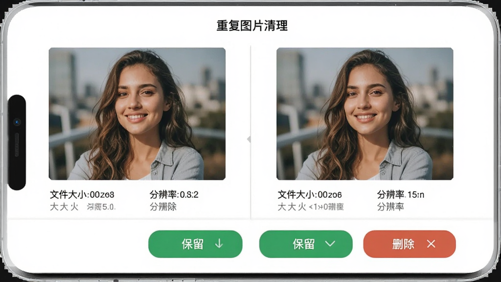 ��Ƭ��Ӧ���е��ظ�ͼƬ�������棬������ʾ����������Ƭ���ŶԱȣ�ÿ����Ƭ�·����ļ���С�ͷֱ�����Ϣ���м��С��������͡�ɾ������ť��������ˬ����ɫ����������ɫ������ť�����廭�ʣ��ɾ��޶���Ԫ��