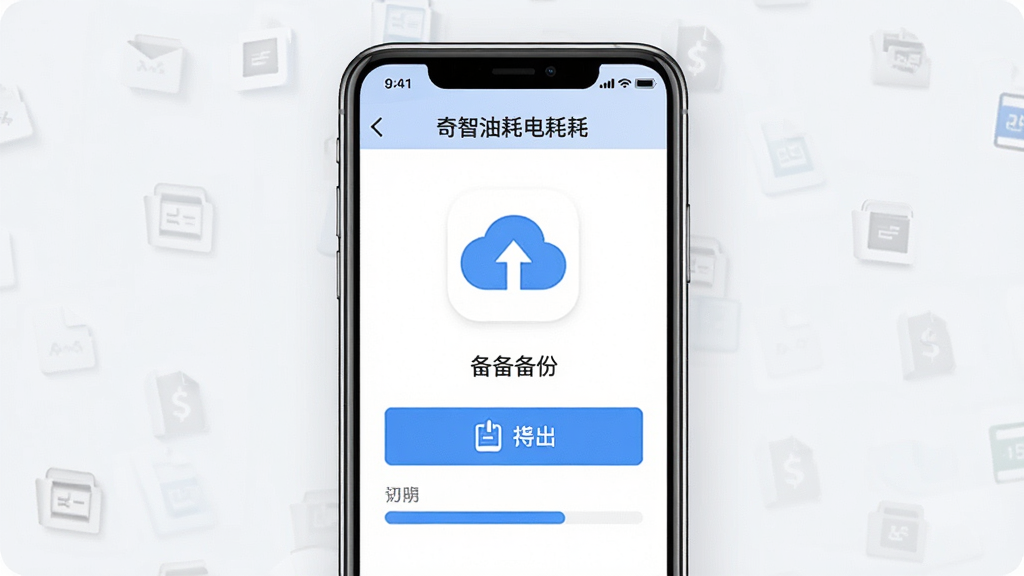 һ��չʾ�����ͺĵ��APP���ݵ����뱸�ݹ��ܵ�ͼƬ�������������ֻ���Ļ����Ļ����ʾ������ť���Ʊ���ͼ�꣬����Ϊ�ֻ��������У��Ű����½ṹ�����Ϊ��Լ����磬ϸ�ڰ����ļ�ͼ�ꡢ�ƶ�ͼ������ɫ�����������ʸ��壬�ɾ����޶���Ԫ��