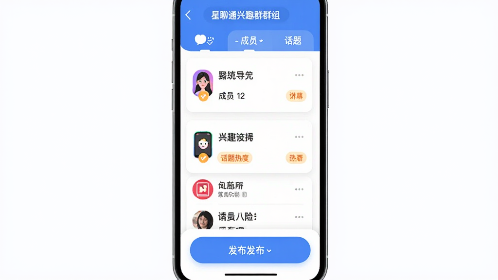 ����ͨ��ȤȺ���뻰��㳡���棬����Ϊ�ֻ���Ļ�ϵ�Ⱥ�鿨Ƭ�뻰���б�������Ϊ������ǩ�����в���Ƭ���ײ�������ť���Ű����룬���Ϊ�����罻����UI��ϸ�ڰ�����Ȥͼ�ꡢ��Ա�����������ȶȱ�ǩ��Բ�ǿ�Ƭ�����ʸ���ɾ��޶���Ԫ��
