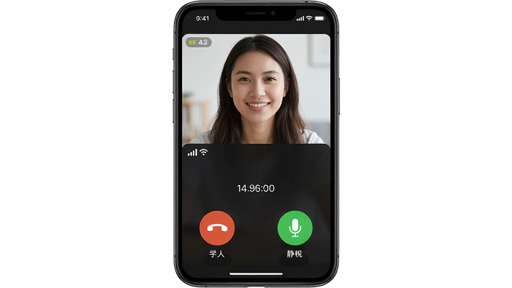 ����ͨ������Ƶͨ�����棬����Ϊ�ֻ���Ļ�ϵ�ͨ�������빦�ܰ�ť������Ϊ�ϰ벿����ʾ�Է���Ƶ�����°벿��Ϊ�Ҷ��뾲����ť���Ű���жԳƣ����Ϊ��ɫͨ��UI��ϸ�ڰ���Բ�ǰ�ť���ź�ǿ��ָʾ��ͨ��ʱ����������˷�ͼ�꣬���ʸ���ɾ��޶���Ԫ��
