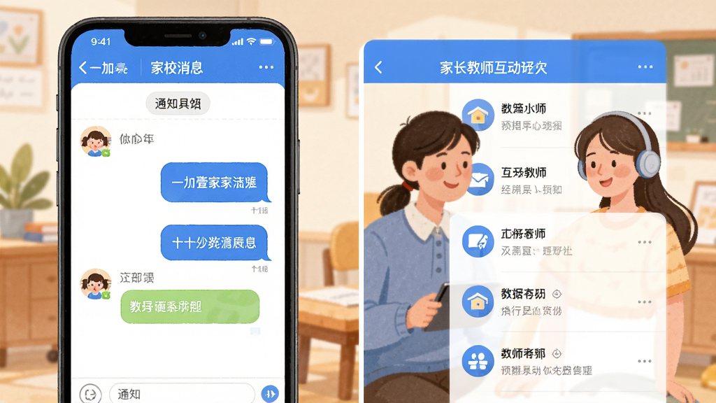 ����Ϊһ��ҼAPP��У��Ϣ������ҳ���ʦ�������������ֲ������ҷ���չʾ���촰����֪ͨ�б����Ű��������򣬷��Ϊ��ܰ�����廭�磬ϸ�ڰ����ֻ����Ի����ݡ��༶ͼ����������ɫ�����ʸ���ɾ��޶���Ԫ��